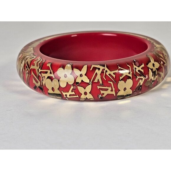 LOUIS VUITTON Red Monogram Inclusion Bracelet GM Charm Bangle Gold LV Logo Charm - Picture 6 of 14